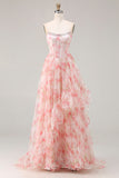 Strapless Pink A Line Beaded Corset Floral Long Prom Dress with Ruffles
