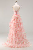 Strapless Pink A Line Beaded Corset Floral Long Prom Dress with Ruffles