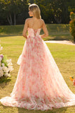 Strapless Pink A Line Beaded Corset Floral Long Prom Dress with Ruffles