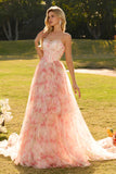 Strapless Pink A Line Beaded Corset Floral Long Prom Dress with Ruffles