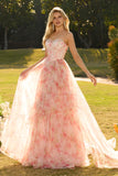 Strapless Pink A Line Beaded Corset Floral Long Prom Dress with Ruffles