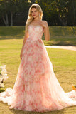 Strapless Pink A Line Beaded Corset Floral Long Prom Dress with Ruffles