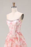 Pink Floral A Line Beaded Strapless Corset Printed Long Prom Dress with Ruffles