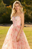 Strapless Pink A Line Beaded Corset Floral Long Prom Dress with Ruffles