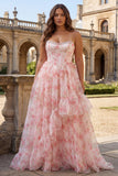 Pink Floral A Line Beaded Strapless Corset Long Plus Size Prom Dress with Ruffles
