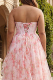Pink Floral A Line Beaded Strapless Corset Long Plus Size Prom Dress with Ruffles
