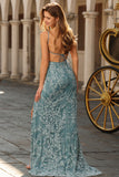 Mermaid Beaded Grey Green Backless Floral Long Prom Dress with Slit