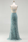 Grey Green Mermaid Beaded Backless Applique Long Prom Dress with Slit
