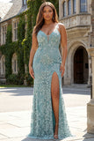 Grey Green Appliqued Mermaid Spaghetti Straps Long Prom Dress with Slit