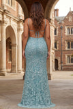 Grey Green Appliqued Mermaid Spaghetti Straps Long Prom Dress with Slit