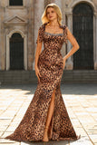 Mermaid Brown Leopard Beaded Strap Bows Printed Long Prom Dress with Slit