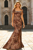 Mermaid Brown Leopard Beaded Strap Bows Printed Long Prom Dress with Slit