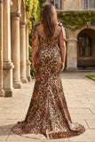 Brown Leopard Mermaid Strap Bows Printed Long Plus Size Prom Dress with Slit
