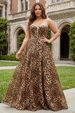 Brown Leopard A-Line Strapless Corset Long Plus Size Prom Dress with Slit