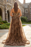 Brown Leopard A-Line Strapless Corset Long Plus Size Prom Dress with Slit