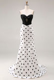 Black White Mermaid Cut Out Satin Long Polka Dots Dress with Bow