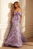 Purple Floral Mermaid Long Prom Dress With Bow
