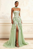 Dusty Sage Strapless A-Line Embroidered Long Prom Dress With Slit