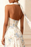 Strapless White Printed Corset Prom Dress With Slit