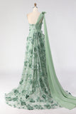 Eucalyptus One Shoulder A-Line Sequins 3D Flowers Long Prom Dress with Slit