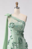 Eucalyptus One Shoulder A-Line Sequins 3D Flowers Long Prom Dress with Slit