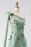 Eucalyptus One Shoulder A-Line Sequins 3D Flowers Long Prom Dress with Slit