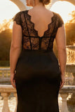 Black Mermaid Lace V-Neck Plus Size Long Prom Dress with Slit