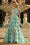 Sage Green A Line Halter Beaded Cut Out Tiered Ruffle Long Prom Dress with Slit