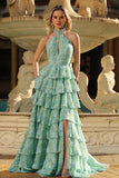 Sage Green A Line Halter Beaded Cut Out Tiered Ruffle Long Prom Dress with Slit