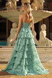 Sage Green A Line Halter Beaded Cut Out Tiered Ruffle Long Prom Dress with Slit