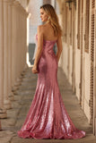 Sparkly Pink Mermaid Strapless Long Prom Dress with Bow