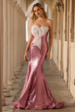 Sparkly Pink Mermaid Strapless Long Prom Dress with Bow