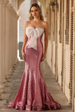 Sparkly Pink Mermaid Strapless Long Prom Dress with Bow