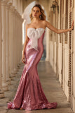 Sparkly Pink Mermaid Strapless Long Prom Dress with Bow