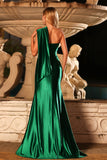 Dark Green Satin One Shoulder Mermaid Beaded Long Prom Dress with Slit