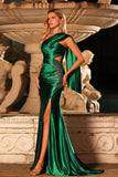 Dark Green Satin One Shoulder Mermaid Beaded Long Prom Dress with Slit