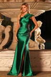 Dark Green Satin One Shoulder Mermaid Beaded Long Prom Dress with Slit