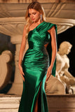 Dark Green Satin One Shoulder Mermaid Beaded Long Prom Dress with Slit