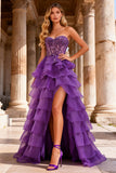 Purple Princess Sweetheart Sheer Corset Tiered Ruffle Long Prom Dress with Slit