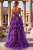 Purple Princess Sweetheart Sheer Corset Tiered Ruffle Long Prom Dress with Slit