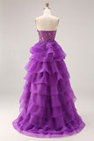 Purple Princess Sweetheart Sheer Corset Tiered Ruffle Long Prom Dress with Slit