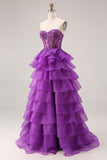 Purple Princess Sweetheart Sheer Corset Tiered Ruffle Long Prom Dress with Slit