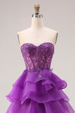 Purple Princess Sweetheart Sheer Corset Tiered Ruffle Long Prom Dress with Slit