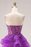 Purple Princess Sweetheart Sheer Corset Tiered Ruffle Long Prom Dress with Slit
