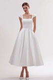 White Satin Square Neck Long Engagement Dress with Pockets