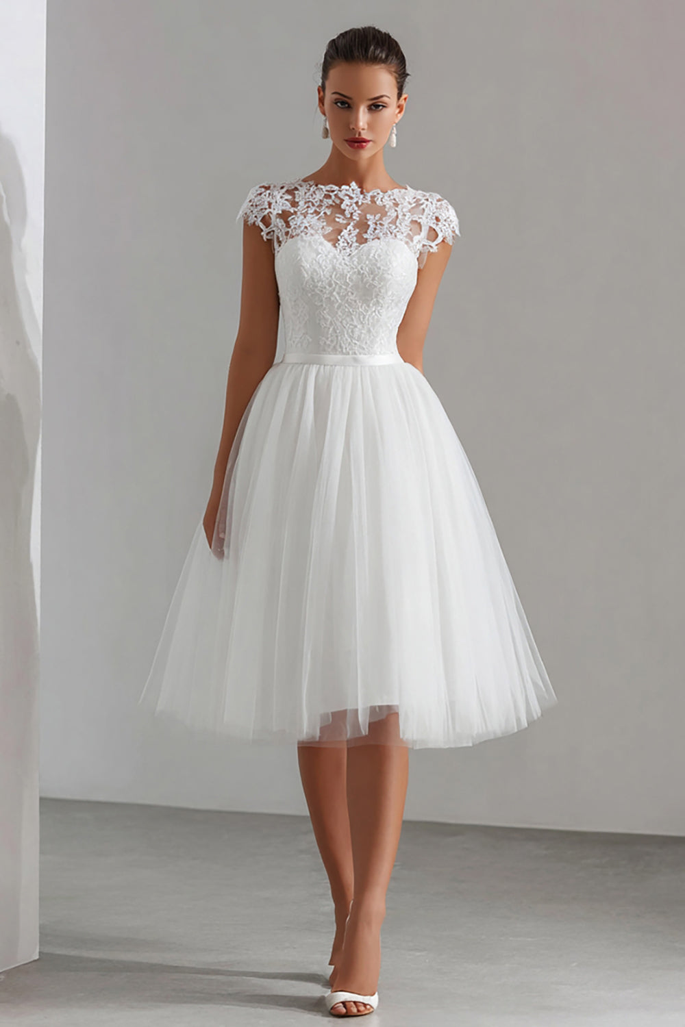 Zapaka Women White Midi Rehearsal Dinner Dress with Lace A Line Tulle Bateau Neck Engagement Dress – ZAPAKA UK Zapaka Women White Midi Rehearsal Dinner Dress with Lace A Line Tulle Bateau Neck Engagement Dress – ZAPAKA UK