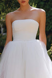 White Strapless A Line Tulle Midi Courthouse Wedding Dress