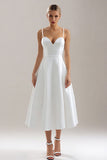 White Spaghetti Straps A Line Midi Rehearsal Dinner Dress