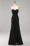 Black Chiffon Ruched Sheath Strapless Long Formal Dress with Slit