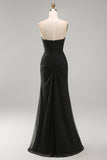 Black Chiffon Ruched Sheath Strapless Long Formal Dress with Slit